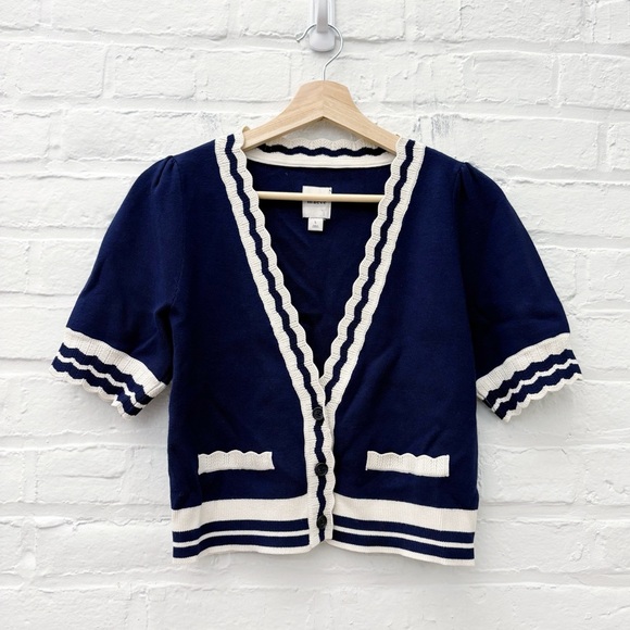 Anthropologie || Maeve Short-Sleeve V-Neck Scalloped Cardigan Navy Large - Picture 1 of 7